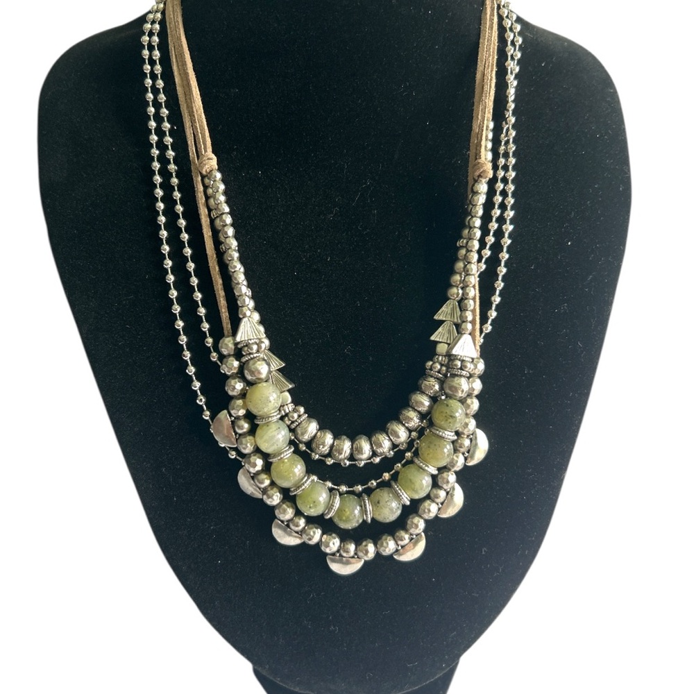 Chico's Right Centerstage Silver Tone And Olive Jade Beads Multi-Strand Necklace